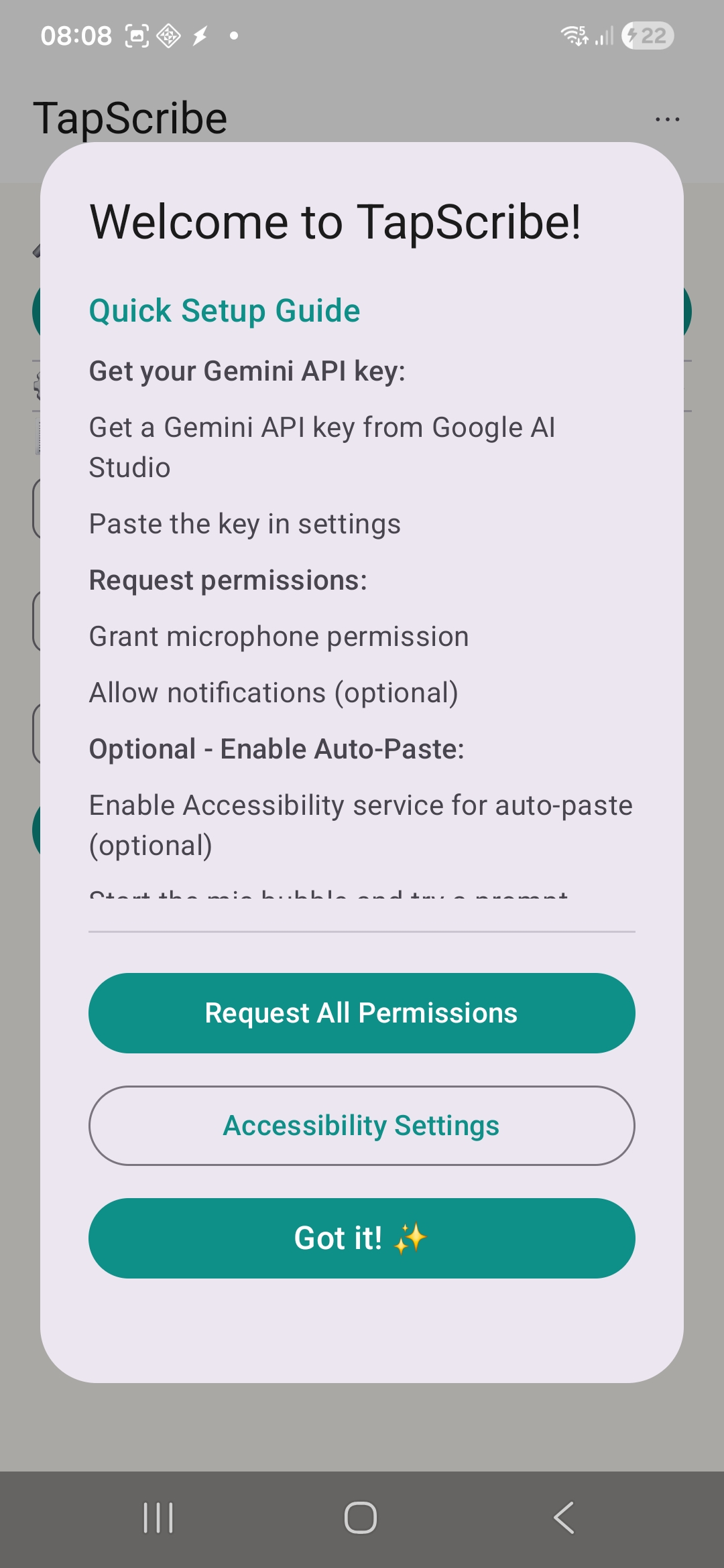 TapScribe välkomstskärm med snabb installationsguide